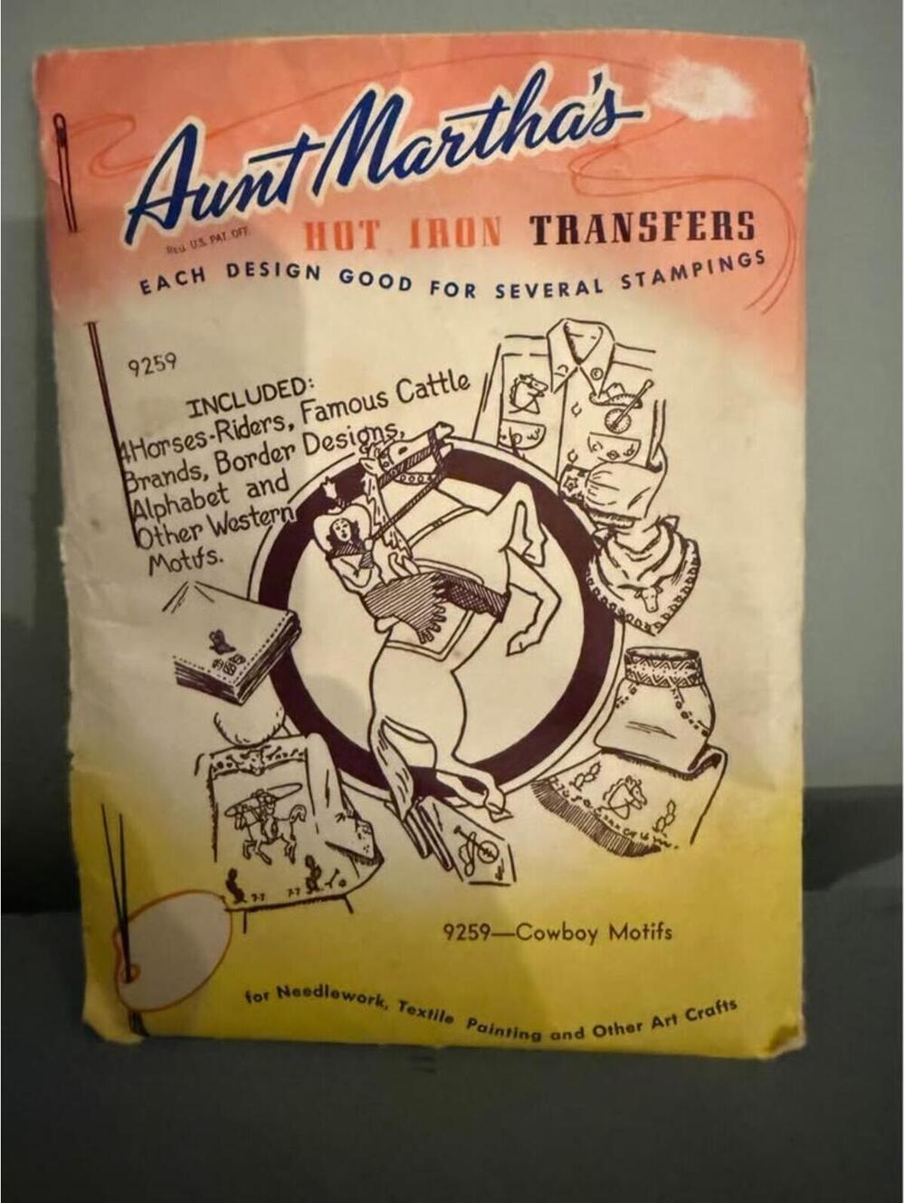 Vintage Aunt Martha's 9259 Cowboy Motifs Hot Iron Transfers